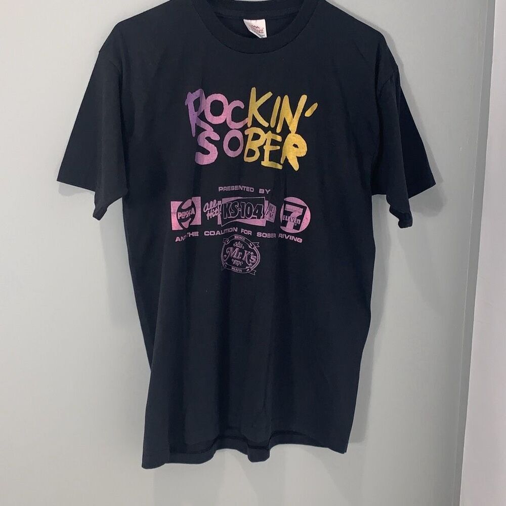 Vintage Healthknit Men's Unisex Rockin Sober Concert Graphic T-Shirt Black XL
